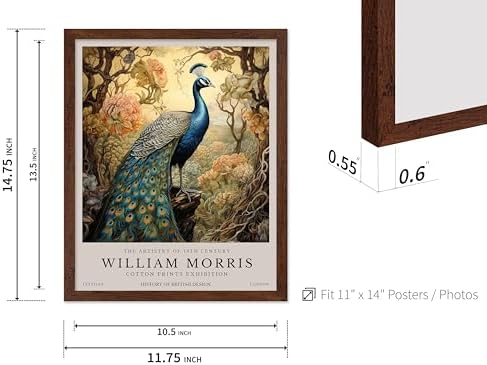 Poster Master William Morris Poster - Peacock Print - Bird Art - Botanical Design - Flower Art - Exhibition Display - Animal Illustration - Floral Design - Aesthetic Office or Bedroom Decor - 11x14 Brown Framed