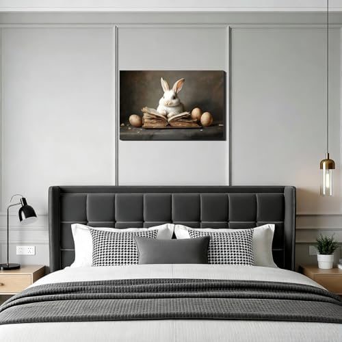 Rustic Easter Bunny,Book,Eggs Wall Art, Easter Framed Rabbit Canvas Prints for Living Room, Cozy Spring Bunny Picture for Home Wall Decor, Easter Decorations for Office Bathroom