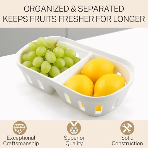 Ceramic Berry Basket, 2 in 1 Square Fruit Bowl with Holes, Ceramic Colander for Kitchen, Refrigerator, Counter, Holds Berries, Strawberries, Grapes, Cherries, Vegetables (White)