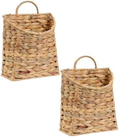 Set of 2 Water Hyacinth Hand Woven Basket, Wicker Hanging Wall Basket, handmade Decor & Storage Organizer for Entryway, Bathroom, Living Room, Farmhouse, and Front Door, 8.7 x 4.7 x 11.4 inch