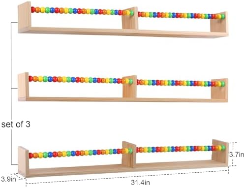 birola Nursery Book Shelves Set of 3,Wood Floating Book Shelves for Wall,Wall Book Shelf for Kids，Bathroom Decor, Kitchen Spice Rack (Five-Color Beads)