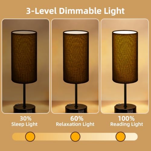 Bedside Table Lamp, Dimmable Touch, AC Outlet, USB A+C (Black)