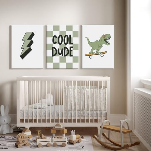Nursery Dinosaur Wall Art Prints Set of 3 Boys Room Canvas Wall Decor Toddler Kids Wall Art Prints Dinosaur Skateboard Pictures Poster Boys Dino Artwork Decor for Bedroom 16x24 Inch Wrapped Canvas