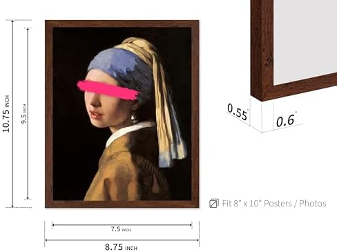 Poster Master Girl with a Pearl Earring Painting Print - Baroque Portrait Poster - Altered & Pop Art - Gift for Men & Women - Decor for Bedroom, Living Room or Office - 8x10 Brown Framed