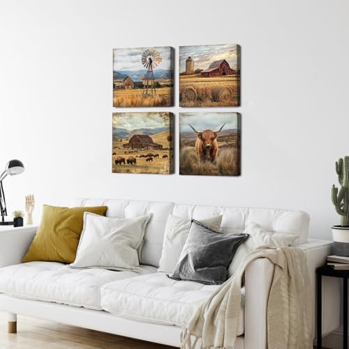 Farmhouse Wall Art Cow Pictures Wall Decor Rustic Barn Windmill Scenery Pictures Country Wilderness Canvas Prints Painting Poster Modern Artwork for Kitchen Living Room Home Decoration 20x20" 4Pcs