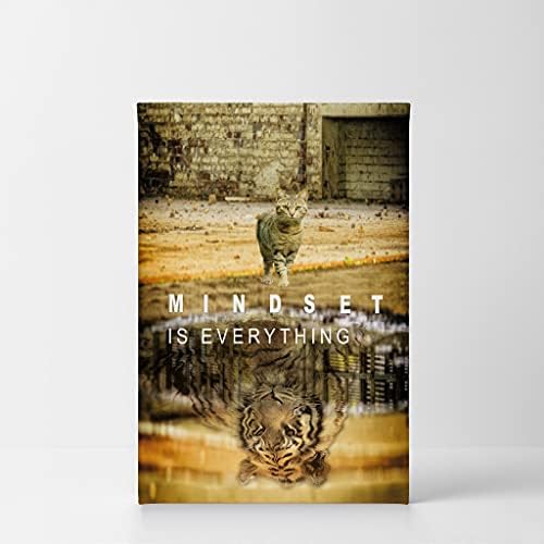 Smile Art Design Mindset is Everyting Cat and Reflection is Tiger Motivational Wall Art Canvas Print Inspirational Entrepreneur Quote Office Living Room Decor Gift Ready to Hang 36x24