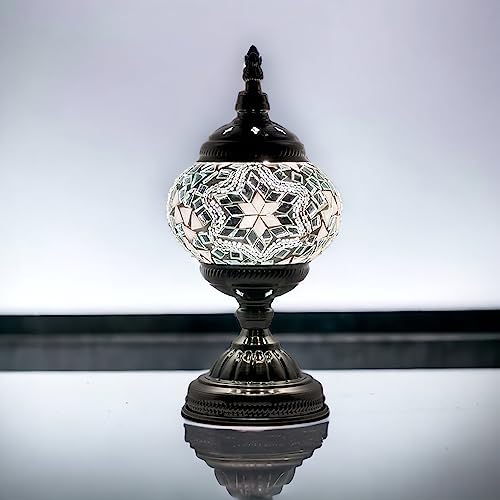 SILVERFEVER Handcrafted Mosaic Turkish Lamp Moroccan Glass Table Desk Bedside Light Bronze Base with E12 Bulb (Neutural Wave)