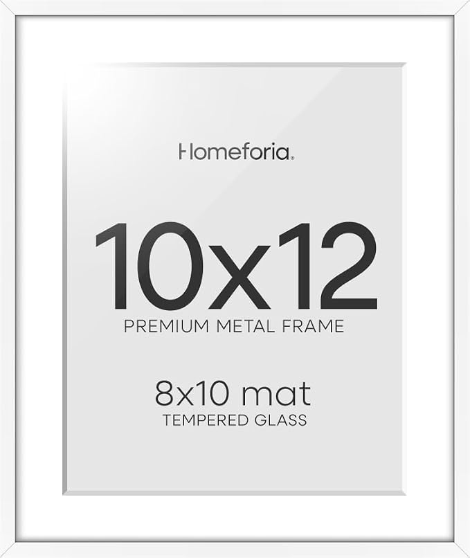 Homeforia 10x12 White Picture Frame, High-End Metal, 8x10 Mat, Glass
