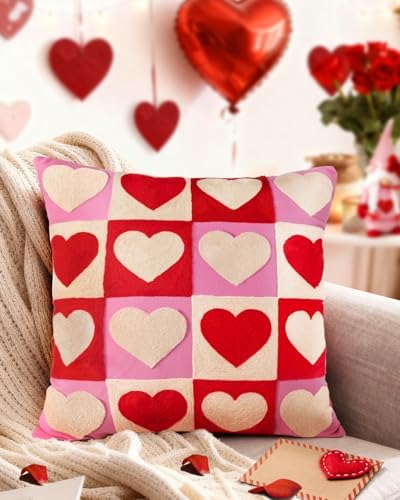 Valentines Pillow Cover 18x18 Inch - Embroidered Valentines Day Red White Hearts Design Throw Pillow Cover Decorations Soft Cushion Case Home Decor for Couch, Sofa, or Bed(1 Pack)
