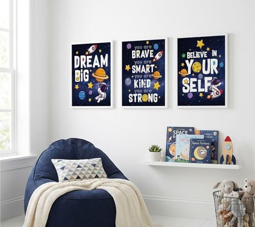 3Pcs Inspirational Space Astronaut Kids Poster Wall Art, Inspirational Quotes Painting Picture Wall Decor, Boys Positive Affirmative Poster Print Artwork for Playroom, Classroom, 16x24in Unframed