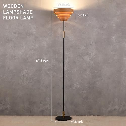 O'Bright Cascade Floor Lamp – Modern Wooden Layered Lampshade, E26 Socket, Pull Chain Switch, Metal Base, Standing Lamp for Living Room, Bedroom, Office, Black