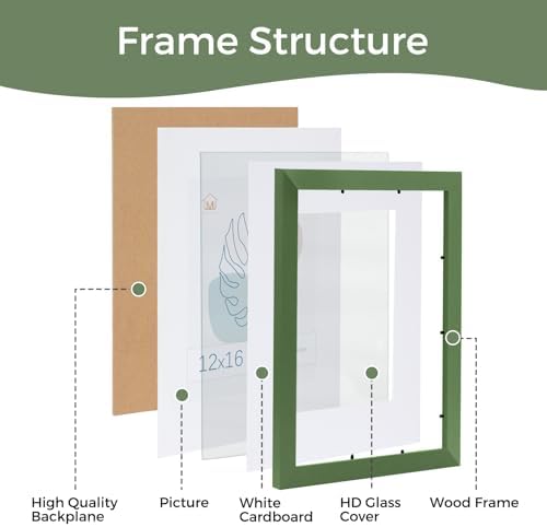 Muzilife Green 12x16 Wood Picture Frame with Mat, Real Glass Cover, 1 Pack