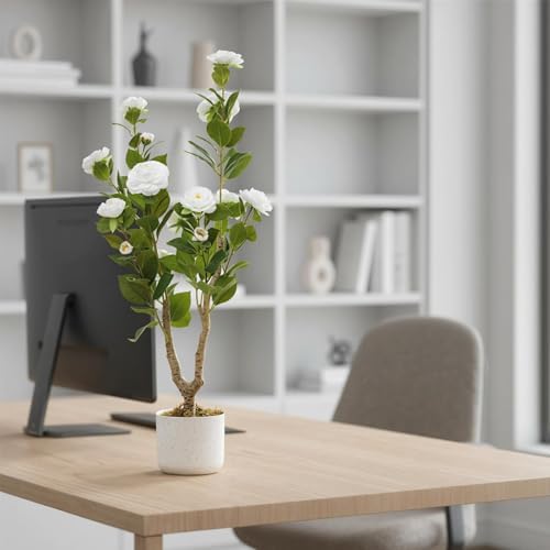 3FT Artificial Camellia Tree in White Planter, 2 Pack Faux Camellia Plant with 16 White Flowers, 36" Faux Flowers Potted Plant Trees for Home and Office Decor