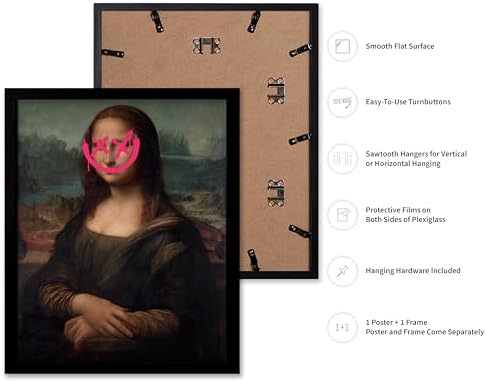 Poster Master Mona Lisa Painting Poster - Smile Face Print - Altered & Pop Art - Defaced Art - Gift for Men & Women - Minimal Decor for Office, Bedroom or Living Room, 11x14 Black Framed