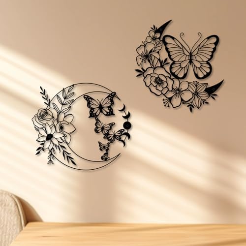 ruelen Metal Butterfly Wall Art Wall Decor,Boho Moon Butterfly Home Decor | Wall Hanging Butterflies Decor, Flower Wall Art for Home Bedroom Living Room Bathroom Garden Yard Fence