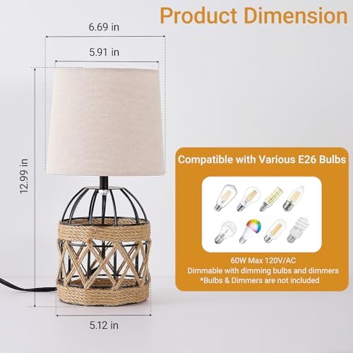 Boho Table Lamp for Bedroom, Small Bedside Lamp with Rattan Metal Cage Base and Linen Shade, Nightstand Lamp for Living Room, Farmhouse Coastal Rustic Bedroom Decor, E26 Socket, Bulb Not Included
