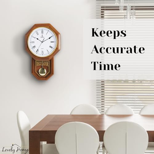 Pendulum Wall Clock Battery Operated, Real Wood Regulator Clock, Quiet