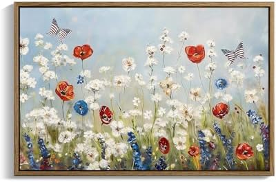 Wildflower Field Framed Canvas Wall Art, 4th of July Canvas prints | Vintage Rustic Landscape Poster Print, Independence Day Wall Decor for Bedroom Living Room 11×14in