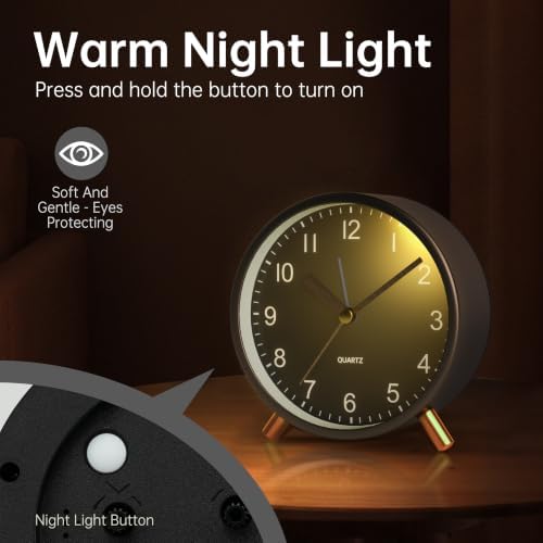 JALL Analog Alarm Clock, 4 inch Super Silent Non Ticking Small Clock with Night Light, Battery Operated, Simple Design, Easy Setting for Office, Bedroom, Bedside, Desk, Teens, Elders, Adult, Black