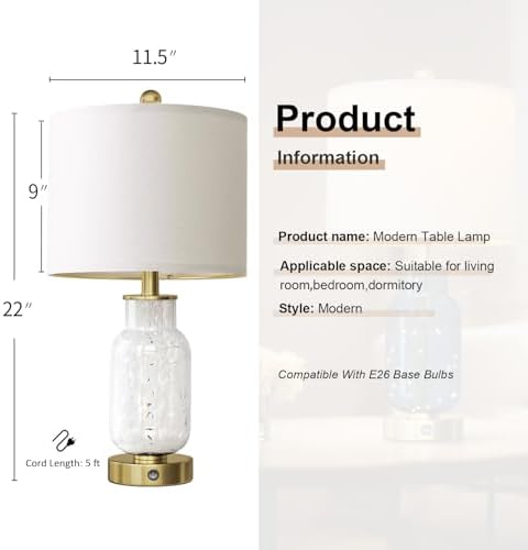 Oneach 22" Glass Table Lamps Set of 2 with Night Light for Bedroom, White