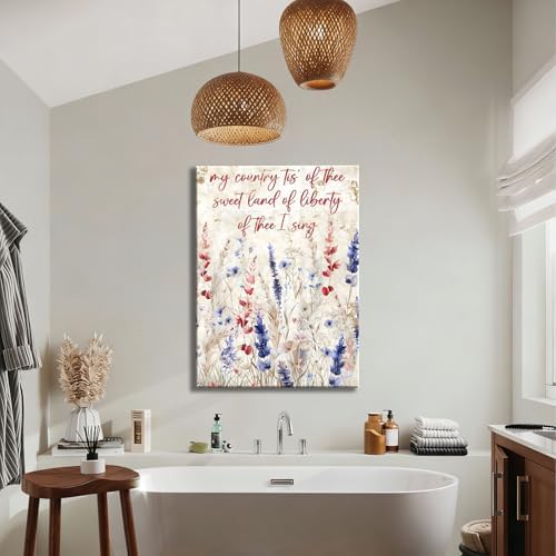 Made in USA Patriotic Framed Canvas Wall Art, My Country Tis of Thee Quote Canvas Print, Red White Blue Floral Wall Decor for 4th of July, Independence Day Home Decoration,8x12in