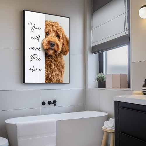FGQ Framed Funny Dog Bathroom Canvas Wall Art Cute Animal Humorous Goldendoodle Painting Pictures Restroom Wall Decor You Will Never Pee Alone Poster Print Artwork for Toilet Nursery Decor 12x16in