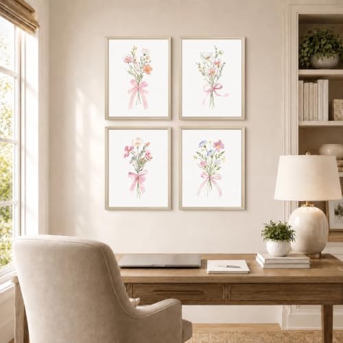 Pink Flower Wall Art Decor Cute Floral Pictures Coquette Bow Girl Prints | Nursery Canvas Wall Art Aesthetic Poster Painting Pink Floral Artwork for Teen Girls Room 12x16 Inch Framed Set of 4