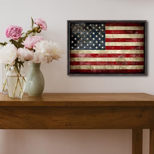 Pyradecor Walnut Framed Wall Art Old Vintage American Flag Canvas Prints Abstract Landscape Pictures Paintings for Living Room Office Home Decorations