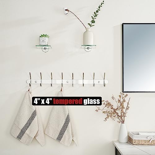 JQK Small Floating Glass Shelves Brushed, 4 Inch Display Ledges for Wall, Mini Decor, Living Room Bedroom Bathroom, Tempered Glass Shower Storage, 2 Pack, TGS101L4-BN-P2