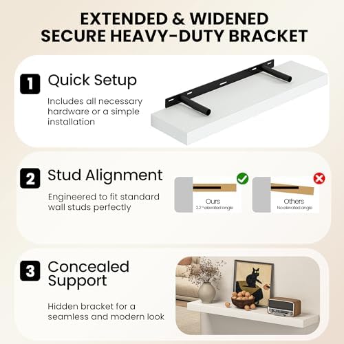 40 Inch Floating Shelves for Wall, Rustic Wood Wall Mounted Deep Storage Shelves with Invisible Brackets, Long Decorative Display Ledge for Living Room Bedroom Bathroom and Kitchen, Set of 2, White