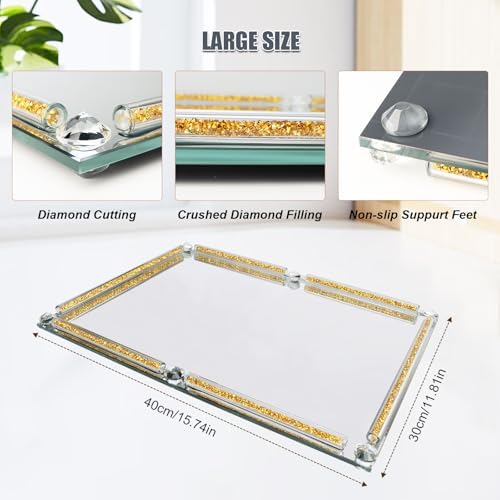 Large Mirror Perfume Tray for Dresser,Gold Crushed Diamond Filled