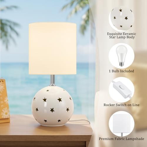 Small Table Lamp,14" White Ceramic Bedside Lamp for Girls Kids Bedroom,Dorm