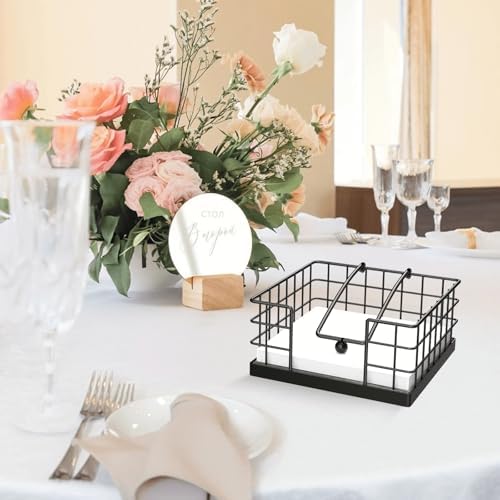 Homode Farmhouse Napkin Holder, Wooden Napkin Holders for Paper Napkins, Square Kitchen Napkin Dispenser for Tables, Flat Napkin Basket with Weighted Arm, Rustic Gray