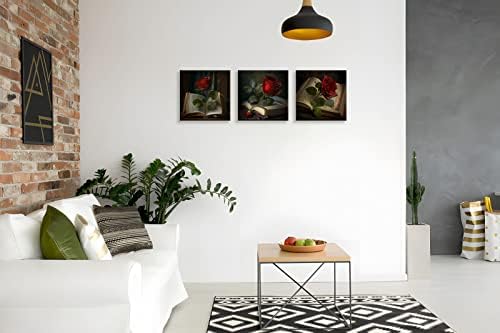 NAN Wind 3PCS Vintage Romantic Rose Canvas Wall Art Red Flower on Open Book Dark Gothic Aesthetic Literary Themed Antique Style Floral Home Decor for Bedroom Living Room Library Wall Decoration