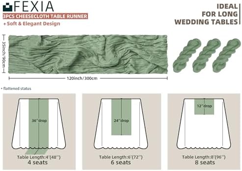 FEXIA 3Pcs Sage Green Cheesecloth Table Runner for Baby Shower Decoration