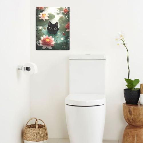 Crekviy Vintage Black Cat Bathroom Decor Wall Art Funny Cat Pictures Water Lilies Canvas Prints Painting Artwork Decorations Gifts for Bedroom Living Room Office Framed 16"x20"