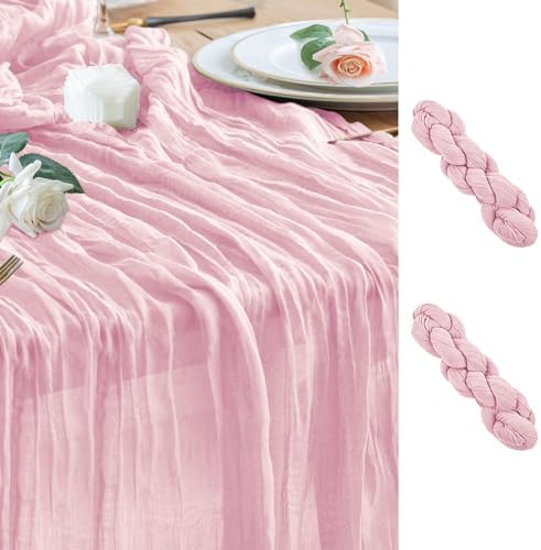 Wokceer Cheesecloth Table Runner Blush Pink 10FT Boho Gauze Runner, 2 Pack