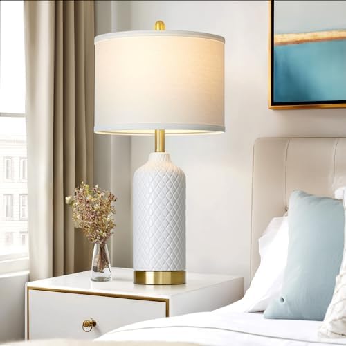 26“ White Ceramic Table Lamps for Living Room, Modern Ceramic Lamps Set of 2, Tall Bedside Lamp for Nightstand, Classic Farmhouse Bedroom Lamp for Desk Side End Table Home Decor