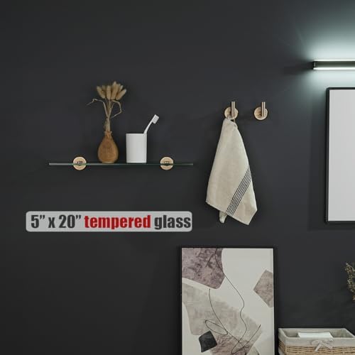 JQK Bathroom Glass Shelf, Tempered Glass Shower Storage 20 by 5 inches, 304 Stainless Steel Champagne Bronze Wall Mount, 2 Pack, TGS101L20-CB-P2