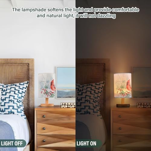 Winter Red Bird Green Pine Needle Red Berries Bedside Table Lamps with USB Port for Bedroom Lamp Accent Table Lamp Small Nightstand Lamp Sturdy Linen Shade Wood Decorative Lamps for Home|Kids|Holiday