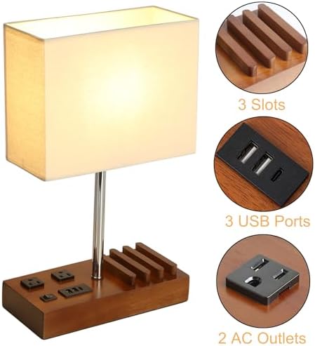 Briever USB Table Lamp, Multi-Functional Desk Lamp with 2 AC Outlets, Bedside Lamp with 3 USB Charging Ports and Wooden Phone Stands, Nightstand Lamp for Bedroom, Livingroom, Office, Walnut Wood