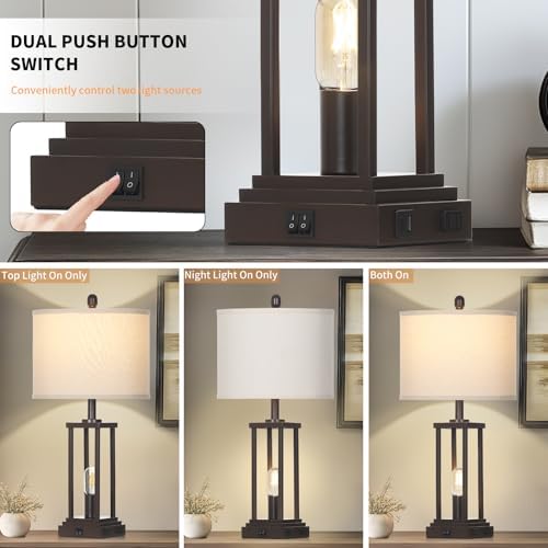 27" Tall Farmhouse Table Lamps Set of 2, Brown Industrial End Table Lamp for Living Room with Night Light, Rustic Bedside Lamps with USB C+A Ports & AC Outlet, Vintage Bedroom Lamp for Nightstand