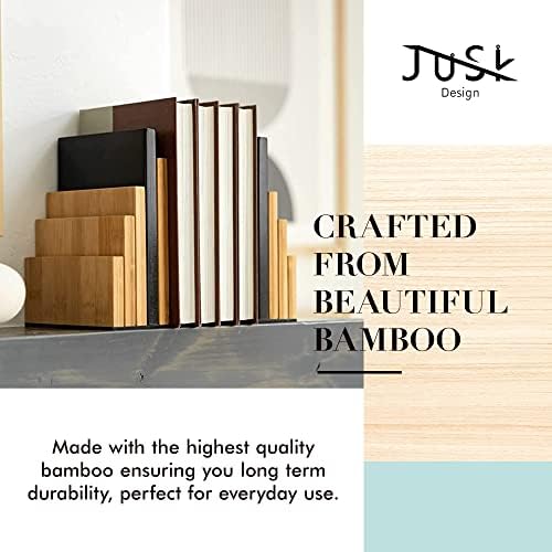 JUSK DESIGN Bamboo Book End/Book Organizer - Non-Skid Decorative Bookends for Office and Home - Book Holders for Shelves - Substantial Weight - Holds Heavy Books