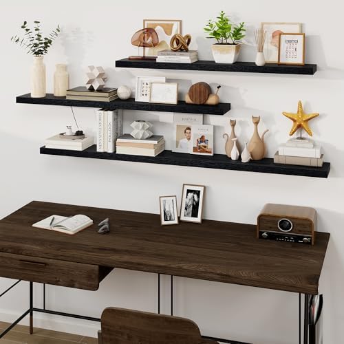 Fun Memories Floating Shelves for Wall, 48Inch Long Floating Shelves Set of 1, Hanging Shelf with Invisible Brackets, Wood Shelves for Living Room, Bedroom, Kitchen, Black