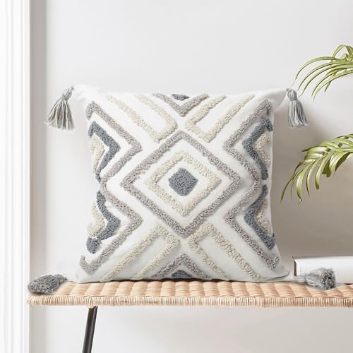 Boho Pillow Covers 18X18 Inch Boho Tufted Throw Pillow Covers Decorative Tassels Cushion Cover Farmhouse Pillow Case for Couch Sofa Bed Living Room Bedroom, Grey Netural