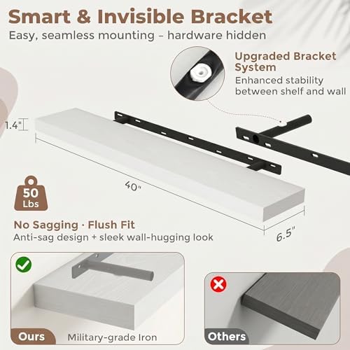 FLYJOE 40 Inch Floating Shelves for Wall Set of 2, 6.5" D Wood Grain Bathroom Shelves with Invisible Brackets, Easy Install Engineered Wood Storage Shelves for Kitchen, Living Room, Bedroom