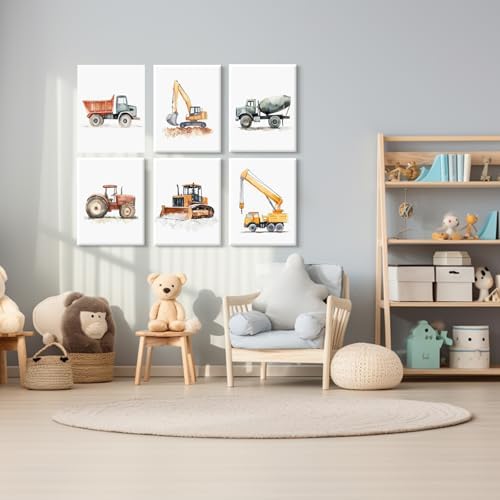 Nursery Construction Truck Wall Art Decor Toddler Boys Room Poster Kids Nursery Tractor Canvas Wall Art Construction Vehicle Pictures Boy Truck Artwork for Bedroom Playroom 12x16x6 Inch Unframed