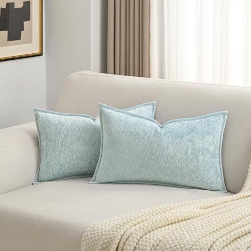 FUTEI Pack of 2 Chenille Soft Throw Pillow Covers 12x20 Inch, Light Blue