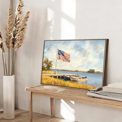 American Flag Framed Canvas Wall Art, 4th of July Patriotic Canvas Prints | USA Flag with Boat Poster Print, Vintage Independence Day Wall Decor for Bedroom Living Room 8×10in