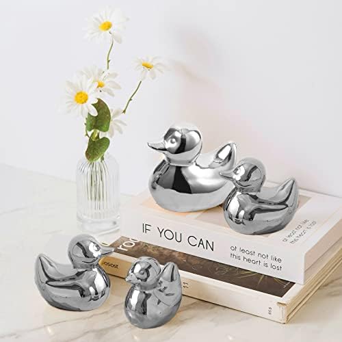 Silver Ceramic Duck Figurines，Home Decor Animal Sculptures and Statues Handmade Artware Decor,Mini Duck Sets 3 PCS